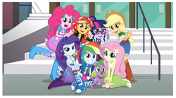 Size: 1514x841 | Tagged: safe, screencap, applejack, fluttershy, pinkie pie, rainbow dash, rarity, sci-twi, spike, spike the regular dog, sunset shimmer, twilight sparkle, dog, equestria girls, g4, my little pony equestria girls: friendship games, humane five, humane seven, humane six, mane seven, open mouth, right there in front of me, smiling