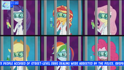 Size: 1440x810 | Tagged: safe, edit, screencap, applejack, fluttershy, pinkie pie, rainbow dash, rarity, sunset shimmer, equestria girls, g4, arrested, chemistry, clothes, drugs, glare, goggles, holding, jail, lab coat, news, smiling, smirk, vial