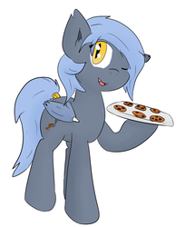 Size: 1263x1469 | Tagged: safe, artist:candel, oc, oc only, oc:panne, bat pony, pony, cookie, cute, solo, wink