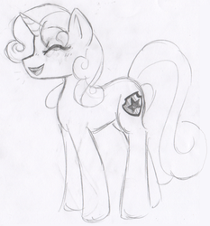 Size: 513x550 | Tagged: safe, artist:fiji-firefox, sweetie belle, pony, unicorn, crusaders of the lost mark, g4, cutie mark, eyes closed, female, filly, monochrome, solo, the cmc's cutie marks, traditional art