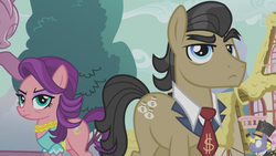 Size: 1366x768 | Tagged: safe, screencap, filthy rich, ponet, spoiled rich, earth pony, pony, crusaders of the lost mark, g4, animation error, displeased, dollar sign, glare, male, ship:spoilthy, stallion