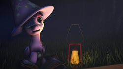 Size: 1920x1080 | Tagged: safe, artist:masterderp1, twilight sparkle, alicorn, pony, g4, 3d, book, cute, female, hair over one eye, hat, solo, source filmmaker, staff, trixie's hat, twilight sparkle (alicorn)