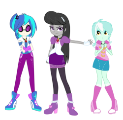 Size: 2413x2350 | Tagged: safe, artist:katedoof, dj pon-3, lyra heartstrings, octavia melody, vinyl scratch, equestria girls, g4, rainbow rocks, accessory swap, alternate hairstyle, alternate universe, amulet, clothes, clothes swap, fingerless gloves, gloves, group, high res, long hair, looking at you, necklace, simple background, sunglasses, the dazzlings, transparent background, trio, vector, wristband