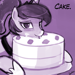 Size: 750x750 | Tagged: safe, artist:lumineko, princess luna, pony, g4, cake, dialogue, dreamluna, female, licking, looking at you, mare, solo, tongue out