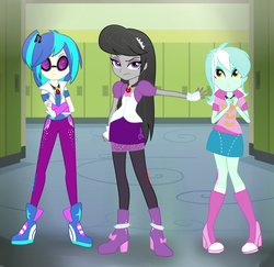 Size: 2413x2350 | Tagged: safe, artist:katedoof, dj pon-3, lyra heartstrings, octavia melody, vinyl scratch, equestria girls, g4, my little pony equestria girls: rainbow rocks, accessory swap, alternate hairstyle, alternate universe, amulet, canterlot high, clothes, clothes swap, fingerless gloves, gloves, group, high res, long hair, looking at you, necklace, sunglasses, the dazzlings, trio, vector, wristband