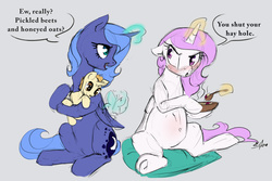 Size: 1280x853 | Tagged: safe, artist:silfoe, princess celestia, princess luna, butterfly, royal sketchbook, g4, :o, annoyed, beets, belly, blushing, bowl, cravings, eating, floppy ears, foal, food, frown, glare, hoof hold, magic, offspring, open mouth, parent:princess celestia, parent:unnamed oc, parents:canon x oc, parents:guardlestia, pink-mane celestia, preglestia, pregnant, s1 luna, sitting, smiling, telekinesis, underhoof