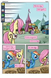 Size: 825x1275 | Tagged: safe, artist:giantmosquito, applejack, fluttershy, rainbow dash, sea swirl, seafoam, earth pony, pegasus, pony, g4, apple, cherry, comic, dr adorable, dr. horrible's sing-along blog, female, food, freeze ray, lesbian, market, narration, ponyville, potato, saddle bag, ship:flutterdash, shipping, song reference, tumblr, watermelon