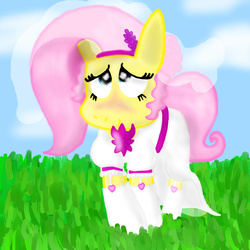 Size: 1200x1200 | Tagged: safe, artist:dragonpone, derpibooru exclusive, fluttershy, pegasus, pony, blushing, clothes, dress, female, looking at you, mare, marriage, solo, wedding, wedding dress