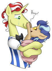 Size: 606x837 | Tagged: safe, artist:susiebeeca, flim, oc, oc:hesperides loophole apple, pony, g4, baby, baby pony, boop, crying, fanfic art, father and daughter, foal, offspring, parent:applejack, parent:flim, parents:flimjack, tears of joy