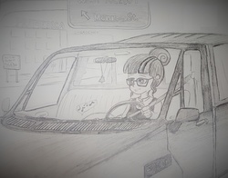 Size: 3691x2887 | Tagged: safe, artist:missmayaleanne, sci-twi, twilight sparkle, equestria girls, g4, driving, female, ford, grayscale, high res, humanized, monochrome, ohio, solo, toledo, traditional art, truck