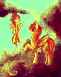 Size: 2000x2500 | Tagged: safe, artist:jubilannt, spitfire, stormy flare, g4, cloud, cloudy, female, filly, filly spitfire, first flight, high res, mother and daughter, younger