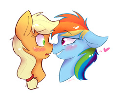 Size: 1200x1000 | Tagged: dead source, safe, artist:shiny-cooler, applejack, rainbow dash, g4, bedroom eyes, blushing, boop, cute, eye contact, female, floppy ears, frown, grin, heart, lesbian, nose wrinkle, noseboop, nuzzling, open mouth, ship:appledash, shipping, smiling, wavy mouth, wide eyes