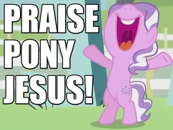 Size: 800x600 | Tagged: safe, screencap, diamond tiara, earth pony, pony, crusaders of the lost mark, g4, bipedal, caption, christianity, excited, female, happy, image macro, implied twilight sparkle, jesus christ, looking up, meme, open mouth, raised hoof, religion, solo, volumetric mouth, yelling