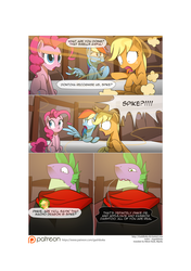 Size: 3541x5016 | Tagged: safe, artist:gashiboka, applejack, pinkie pie, rainbow dash, spike, dragon, earth pony, pegasus, pony, comic:recall the time of no return, g4, comic, older, older spike, patreon, patreon logo, shocked