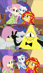 Size: 690x1170 | Tagged: safe, screencap, fluttershy, rarity, spike, sunset shimmer, dog, equestria girls, g4, my little pony equestria girls: rainbow rocks, bill cipher, clothes, dog biscuit, gravity falls, male, meme, pajamas, peace sign, photobomb, selfie, spike the dog