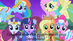 Size: 713x401 | Tagged: safe, screencap, applejack, fluttershy, pinkie pie, rainbow dash, rarity, twilight sparkle, g4, clothes, congratulations, dress, female, gala dress, image macro, meme, milestone celebration, slowpoke