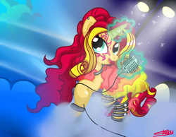 Size: 900x700 | Tagged: safe, artist:sunsetcrady, sunset shimmer, pony, unicorn, equestria girls, g4, my little pony equestria girls: rainbow rocks, alternate hairstyle, clothes, equestria girls outfit, female, singing, solo, spotlight, telekinesis