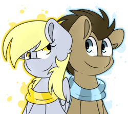 Size: 1800x1600 | Tagged: safe, artist:korgikardigan, derpy hooves, doctor whooves, time turner, earth pony, pony, g4, clothes, duo, male, scarf, simple background, stallion
