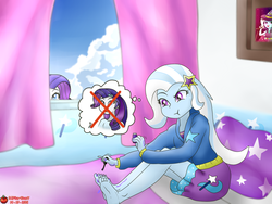 Size: 1200x900 | Tagged: safe, artist:pika-chany, rarity, trixie, equestria girls, g4, barefoot, duo, feet, nail polish, pedicure, peeping, thought bubble, window