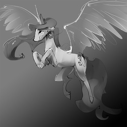 Size: 1000x1000 | Tagged: safe, artist:alumx, princess celestia, g4, /pone/, 8chan, female, flying, monochrome, solo