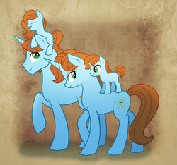 Size: 3346x3134 | Tagged: safe, artist:9centschange, beyond (g4), infinity (g4), g4, bioshock infinite, colt, female, filly, high res, inbred, lutece twins, male, mare, offspring, parent:beyond, parent:infinity, ponies riding ponies, ponified, product of incest, raised hoof, riding, robert lutece, rosalind lutece, ship:infinity & beyond, shipping, smiling, stallion