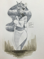 Size: 1280x1707 | Tagged: safe, artist:kevinsano, princess luna, anthro, g4, :p, bedroom eyes, breasts, busty princess luna, clothes, dress, female, hair over one eye, inktober, monochrome, smiling, solo, teasing, tongue out, traditional art