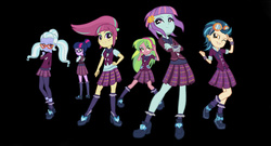 Size: 850x460 | Tagged: safe, artist:yummiestseven65, indigo zap, lemon zest, sci-twi, sour sweet, sugarcoat, sunny flare, twilight sparkle, equestria girls, g4, my little pony equestria girls: friendship games, bowtie, clothes, crossed arms, crystal prep academy, crystal prep academy uniform, crystal prep shadowbolts, freckles, glasses, goggles, group, headphones, looking back, one eye closed, plaid skirt, pleated skirt, scene interpretation, school uniform, shadow five, skirt, smiling, wink, wristband