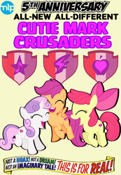 Size: 750x1082 | Tagged: artist needed, source needed, safe, apple bloom, scootaloo, sweetie belle, crusaders of the lost mark, g4, anniversary, cutie mark, cutie mark crusaders, happy birthday mlp:fim, it happened, mlp fim's fifth anniversary, the cmc's cutie marks