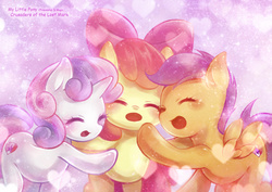 Size: 4960x3507 | Tagged: safe, artist:murasaki-to, apple bloom, scootaloo, sweetie belle, crusaders of the lost mark, g4, :o, cute, cutie mark crusaders, eyes closed, heart, hug, open mouth, pixiv, smiling, sparkles