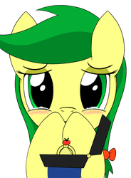 Size: 720x980 | Tagged: safe, artist:mansun, apple fritter, pony, g4, apple family member, blushing, cute, looking at you, marriage proposal, ring, solo, tears of joy