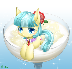 Size: 990x955 | Tagged: safe, artist:hashioaryut, coco pommel, earth pony, pony, g4, cocobetes, cup of pony, cute, female, glass, micro, nata de coco, solo, tiny ponies