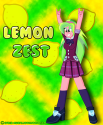Size: 3560x4328 | Tagged: safe, artist:cyber-murph, lemon zest, equestria girls, g4, my little pony equestria girls: friendship games, arms in the air, clothes, cute, devil horn (gesture), female, headphones, high res, looking at you, school uniform, small head, smiling, solo