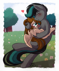 Size: 1054x1280 | Tagged: safe, artist:sugaryviolet, oc, oc only, oc:catavenger, original species, couple, cute, dancing, duo, flower, glasses, hug, kissing, meadow, pegacat, size difference, smooch, tree