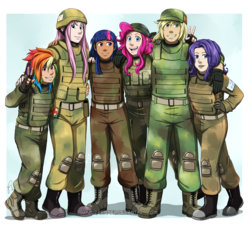 Size: 1836x1677 | Tagged: safe, artist:hazurasinner, applejack, fluttershy, pinkie pie, rainbow dash, rarity, twilight sparkle, human, g4, bulletproof vest, clothes, dark skin, humanized, mane six, military