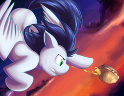 Size: 1780x1375 | Tagged: safe, artist:dripponi, artist:lattynskit, soarin', pegasus, pony, g4, 2015, cloud, cloudy, crying, cute, dramatic, falling, flying, gritted teeth, male, pie, soarinbetes, solo, stallion, stars, that pony sure does love pies