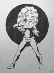 Size: 1000x1361 | Tagged: safe, artist:jay156, part of a set, adagio dazzle, equestria girls, g4, belly button, female, inktober, microphone, midriff, monochrome, solo, traditional art