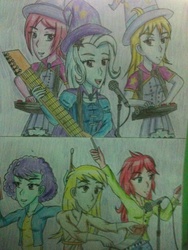 Size: 774x1032 | Tagged: safe, artist:starlaurentitan, blueberry pie, derpy hooves, fuchsia blush, lavender lace, raspberry fluff, trixie, equestria girls, g4, my little pony equestria girls: rainbow rocks, female, the muffins, traditional art, trixie and the illusions