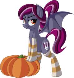 Size: 1847x1944 | Tagged: safe, artist:january3rd, oc, oc only, oc:spotlight splash, bat pony, pony, equestria daily, clothes, equestria daily mascots, freckles, halloween, mascot, ponytail, pumpkin, simple background, socks, solo, striped socks, transparent background, wings