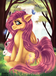 Size: 858x1169 | Tagged: safe, artist:zaameen, fluttershy, butterfly, rabbit, g4, crepuscular rays, female, forest, sitting, smiling, solo