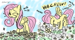 Size: 1024x558 | Tagged: safe, artist:silverwing, fluttershy, g4, color, comic, female, flower, sneeze cloud, sneezing