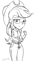 Size: 615x1024 | Tagged: safe, artist:silverwing, applejack, equestria girls, g4, bomber jacket, clothes, female, jeans, monochrome, sketch, solo