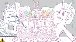 Size: 1920x1080 | Tagged: safe, artist:pirill, applejack, fluttershy, pinkie pie, princess celestia, princess luna, rainbow dash, rarity, spike, sunset shimmer, twilight sparkle, oc, oc:fausticorn, alicorn, pony, g4, alternate mane seven, anniversary, cake, female, grin, happy birthday mlp:fim, hat, mane seven, mane six, mare, mlp fim's fifth anniversary, monochrome, party hat, party horn, smiling, spread wings, twilight sparkle (alicorn), wip