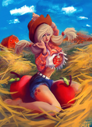 Size: 1600x2200 | Tagged: safe, artist:meyargoll, applejack, human, g4, apple, barefoot, belly button, clothes, daisy dukes, feet, female, humanized, midriff, pigtails, shirt, solo, traditional art, twintails, windswept hair