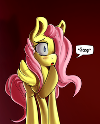 Size: 2779x3445 | Tagged: safe, artist:dori-to, artist:sourspot, fluttershy, pegasus, pony, g4, :o, blushing, collaboration, female, gasp, gradient background, hair over one eye, high res, mare, raised hoof, solo, standing, three quarter view, wings