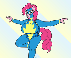 Size: 2500x2045 | Tagged: safe, artist:gunpowdergreentea, edit, pinkie pie, earth pony, anthro, g4, bodysuit, breasts, busty pinkie pie, female, harness, high res, mask, parachute, solo, wonderbolts uniform