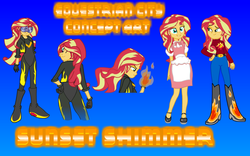 Size: 977x608 | Tagged: safe, artist:darkmalcontent, artist:darktailsko, sunset shimmer, equestria girls, g4, alternate clothes, belt, boots, clothes, denim, equestrian city, gradient background, high heel boots, jeans, pants, shirt, shoes, simple background, solo