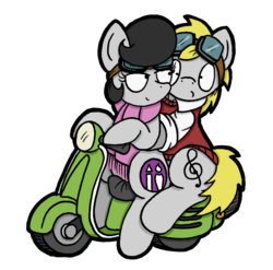Size: 1116x1103 | Tagged: safe, artist:bobthedalek, oc, oc only, oc:mixed melody, oc:octavia's father, oc:octavia's mother, oc:ostinato melody, earth pony, pony, clothes, duo, goggles, scarf, simple background, sweater vest, transparent background, vespa