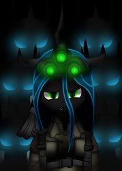 Size: 500x700 | Tagged: safe, artist:galliromanov, queen chrysalis, changeling, changeling queen, g4, armor, female, glowing eyes, looking at you, night vision goggles, solo, splinter cell