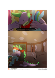 Size: 3541x5016 | Tagged: safe, artist:gashiboka, applejack, pinkie pie, rainbow dash, spike, pony, comic:recall the time of no return, g4, comic, group hug, older, patreon, patreon logo