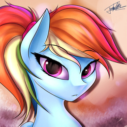 Size: 2952x2952 | Tagged: safe, artist:elzzombie, rainbow dash, pony, g4, alternate hairstyle, female, high res, looking at you, mare, ponytail, portrait, solo